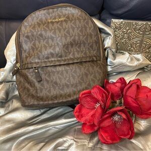 🌹MICHAEL KORS • Large Brown Leather Signature LOGO UNISEX Backpack Purse